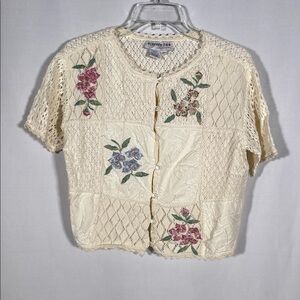 BEDFORD FAIR WOMENS CREAM COTTAGECORE CARDIGAN SWEATER VINTAGE CROCHET MEDIUM